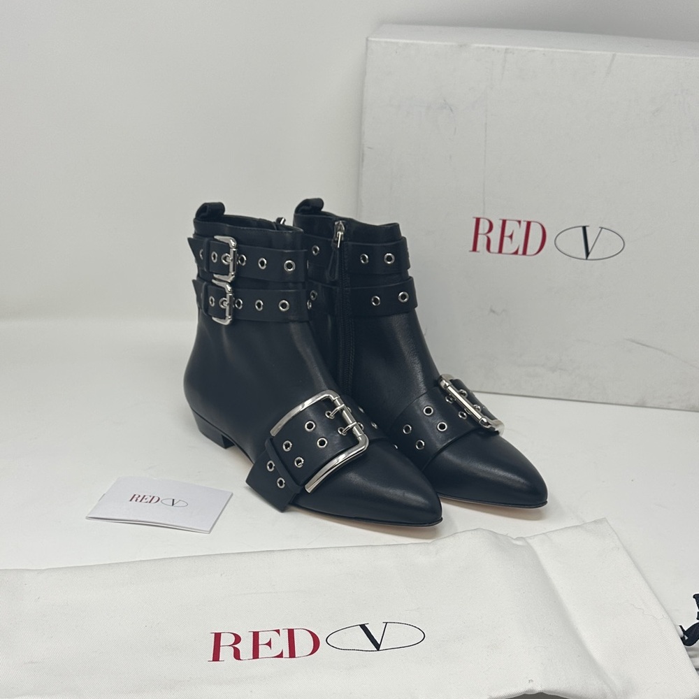 NWT Valentino “RED” Garavani black leather buckle ankle boots booties 37